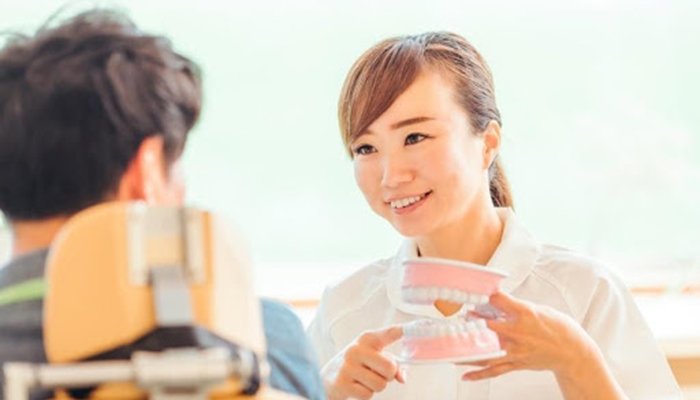 歯の模型を使用して男性の患者さまに歯磨き指導を行う笑顔の女性スタッフの写真